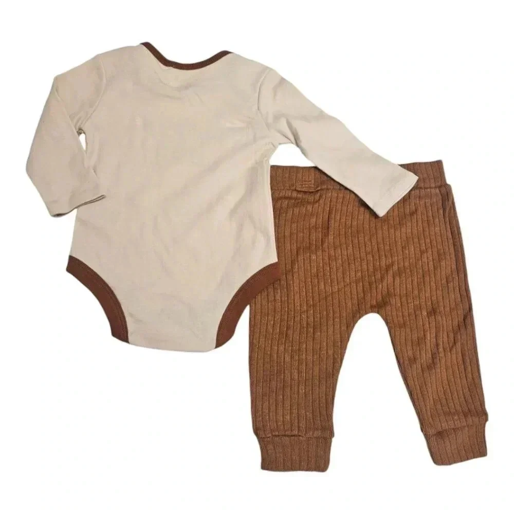 6-9m Baby Boys Beige and Brown LOVER BOY Bodysuit and Pants Set